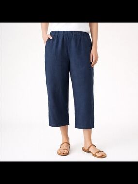 J Jill Love Linen Pants L Navy Blue Crop Capri Pull On Pockets Elastic Waist